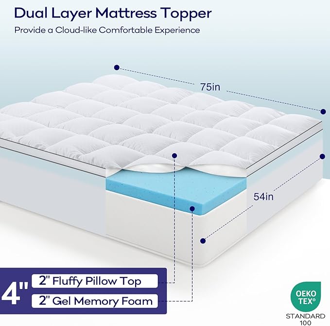 OLANLY Dual-Layer 4 Inch Full Size Memory Foam Mattress Topper for Back Pain, 2 Inch Cooling Pillow Top Mattress Pad Cover and 2 Inch Gel Memory Foam Topper, Deep Elastic Pocket, White