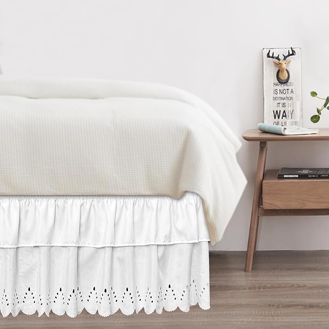 Twin Bed Skirt, Double-Layered Ruffled Eyelet Bed Skirt, Wrap-Around Elastic Dust Ruffle Twin Size with Gathered Styling and Embroidered Details, 18" Drop Length (White)