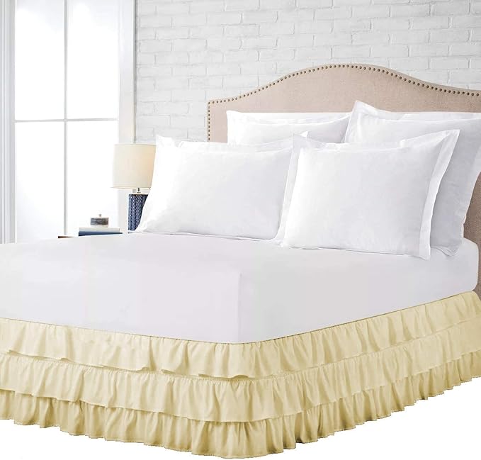 Multi-Ruffle Bed Skirt, Soft Multi Ruffle Bed Skirt Elastic Dust Ruffles with Wrap Around Bed Skirt Easy Fit with 18 Inch Drop 100% Cotton 800 Thread Count Bed Skirt (Queen XL, Ivory)