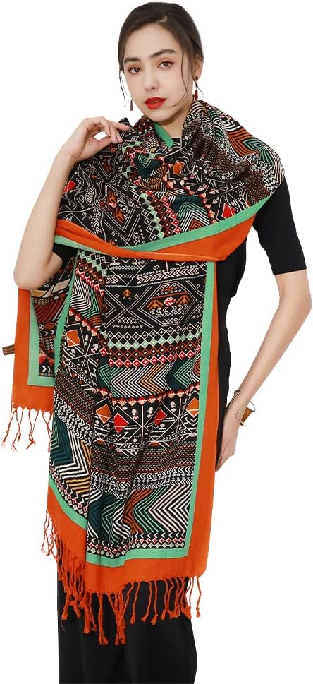 DANA XU 100% Merino Wool Pashmina Shawl for Women 96"x43", Oversized Cashmere Wrap with Tassels, Floral Travel Blanket Cape