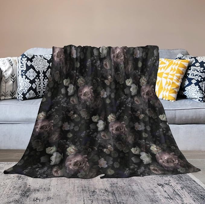 Vintage Gothic Floral Blanket, Black Pink Flower Rose Black Garden Roses Blooming Boho Throw Blankets for Home Bedding Couch Decor, 30"x40"