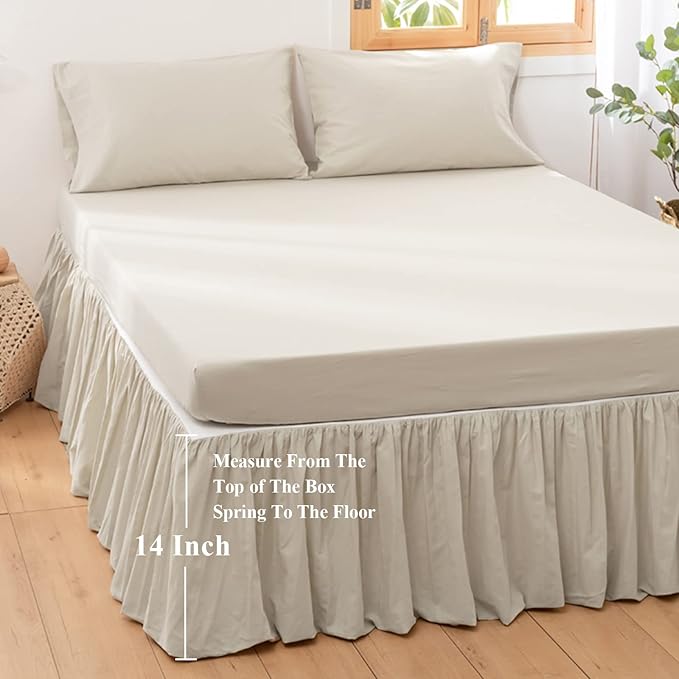 BISELINA French Linen Bed Skirt with Pleated Frills 14-Inch Tailored Drop Natural Flax Cotton Blend Dust Ruffle Soft Cozy Farmhouse Bedding (14" King, Linen)