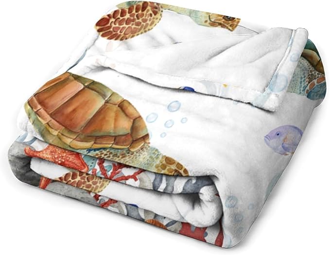 Sea Turtle Throw Blanket, Teal Blue Ocean Underwater Animal Starfish Fish Nautical Coastal Theme Fleece Flannel Blanket for Couch Sofa Bedroom Adults Kids, 30"x40"