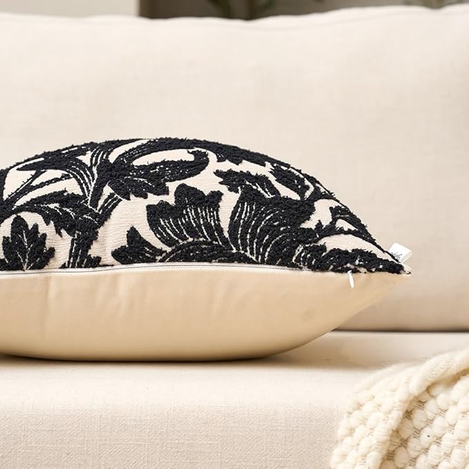Yangest Chenille Floral Pillow Cover 18 x18 Inches, Neutral Jacquard Square Throw Pillow Cover Soft Decorative Nature Accent Couch Pillow Cover for Living Room Bedroom, Black