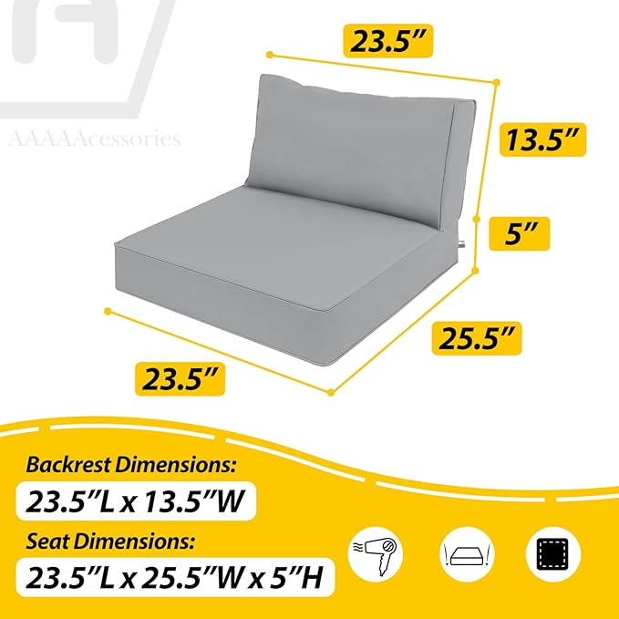 AAAAAcessories Outdoor Deep Seat Cushions, Waterproof, Fade-Resistant Patio Furniture Replacement Cushions, 23.5" x 25.5" x 5" + 23.5" x 13.5", Set of 2, Gray
