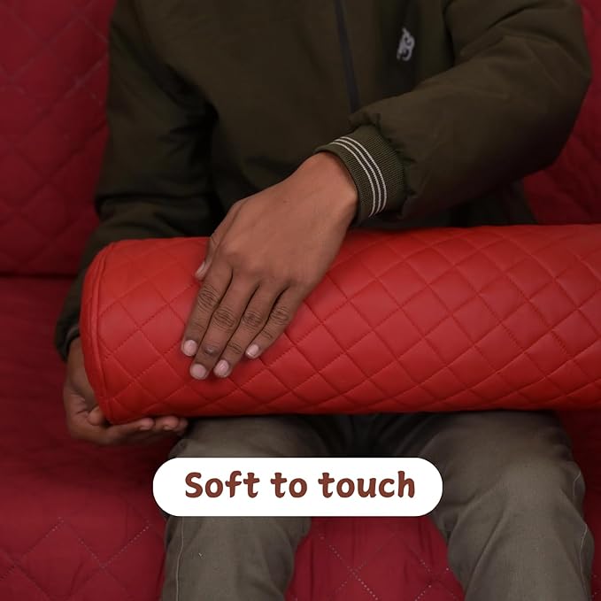 Neck Roll Pillow Cushion Cover, 20x5 Inch Full Moon Round Bolster Pillow Case, Cylinder Soft Lambskin Leather Pillowcase for Head, Spine & Neck Support During Sleep - Quilted Cherry Red Pack of 2