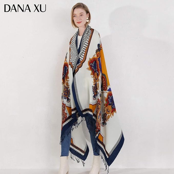 DANA XU 100% Merino Wool Extra Large Pashmina Blanket Travel Scarf Cashmere Wrap for Women Fall Winter Oversize Shawl Floral