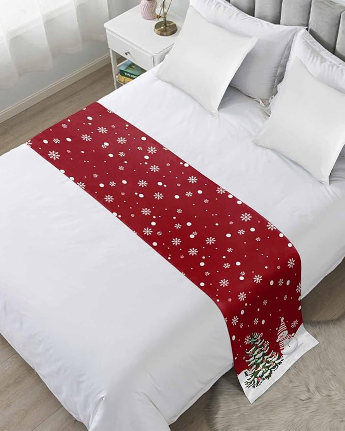 Christmas Tree Snowflakes Snowman Bed Runners for Bedroom Hotel,Decorative Bedding Scarf Red White Green Bed End Blanket Bedding Runner Scarves for Queen Size Bed,94x20in
