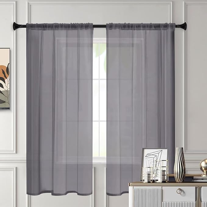 Sheer Curtains 63 Inches Long 2 Panels, Rod Pocket Short Curtain for Kitchen, Bedroom, Cafe Window(Grey 38" W x 63" L)