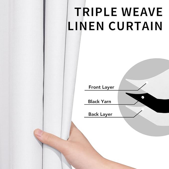 Easy-Going Linen Look 100% Blackout Curtain 52x63 Inch Window Curtain Drapes for Bedroom, Living Room Thermal Insulated Room Darkening (Set of 2 Panels, White)
