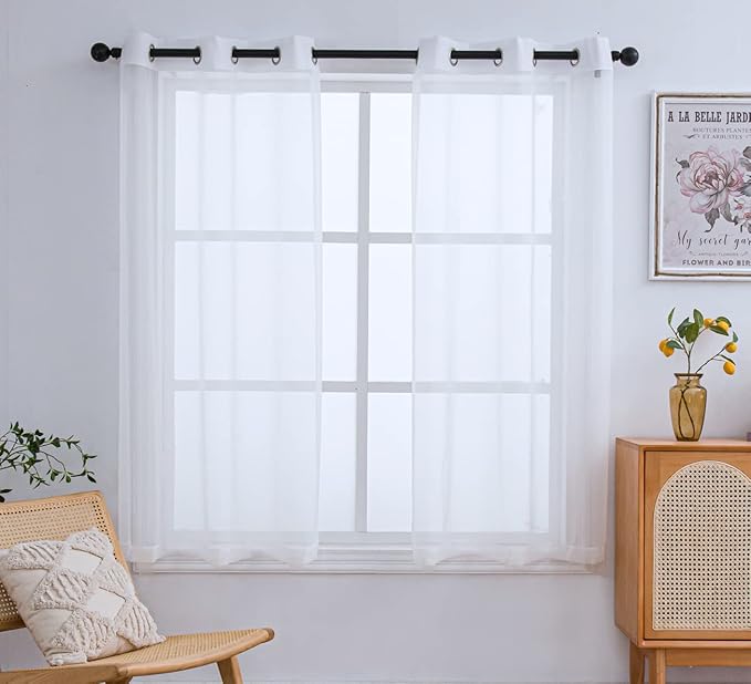 PI Grommet Sheer White Curtian 63 Inch Length Short Window Curtains for Living Room/Bedroom 2 Panels (W52 X L63, Optical White)