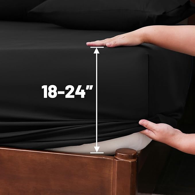 Extra Deep Pocket King Sheets 18-24 Inch 100% Egyptian Cotton 1000 Thread Count Sateen Weave Soft Breathable 4 Pieces（King，Black）
