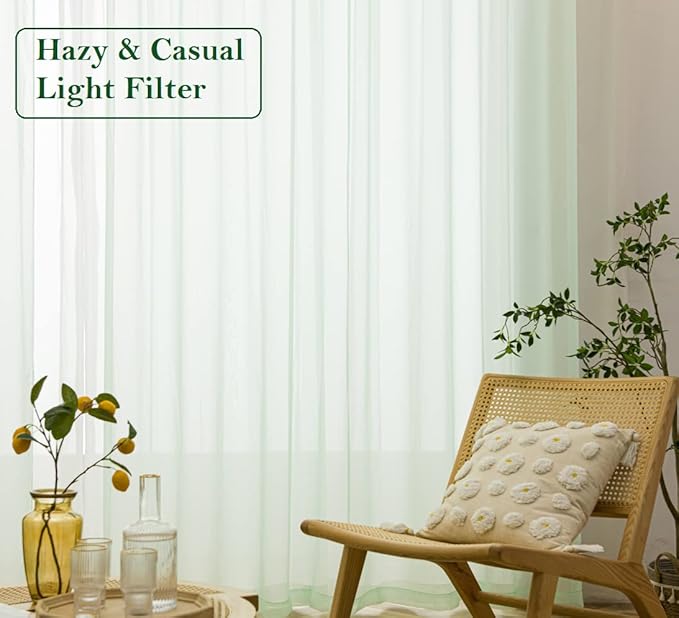 PI Green Sheer Voile Curtains Panels,Ring Top Natural Window Draperies for Outdoor/Yard 2 Panels (W52 X L72, Mint Green)