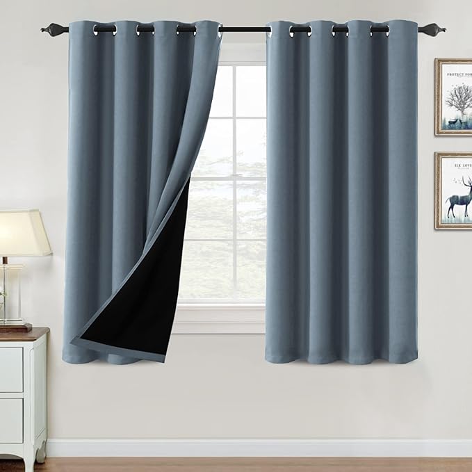 H.VERSAILTEX 100% Blackout Curtains for Bedroom Thermal Insulated Blackout Curtains 54 inch Length Heat and Full Light Blocking Curtains for Living Room with Black Liner 2 Panels Set, Stone Blue