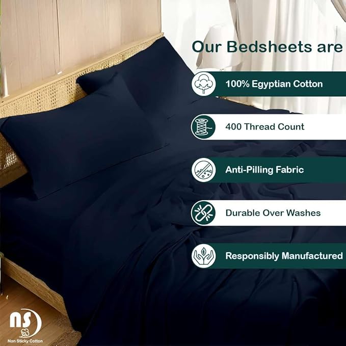 NON Sticky cotton Queen Size Sleeper Sofa Sheets, 4 Piece Egyptian Cotton Bed Sheet Set for Sofa Bed, 8" Deep Pocket for Pull Out Couch Mattress, 60" x 75", Navy Blue Solid, Soft & Breathable