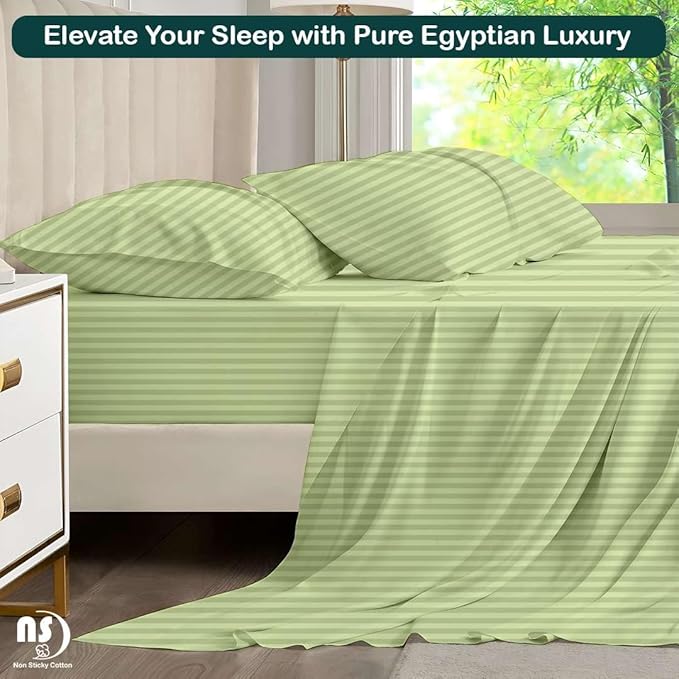 NON Sticky cotton Twin Size Sleeper Sofa Sheets, 4 Piece Egyptian Cotton Bed Sheet Set for Sofa Bed, 10" Deep Pocket for Pull Out Couch Mattress, 39" x 75", Sage Stripe, Soft & Breathable