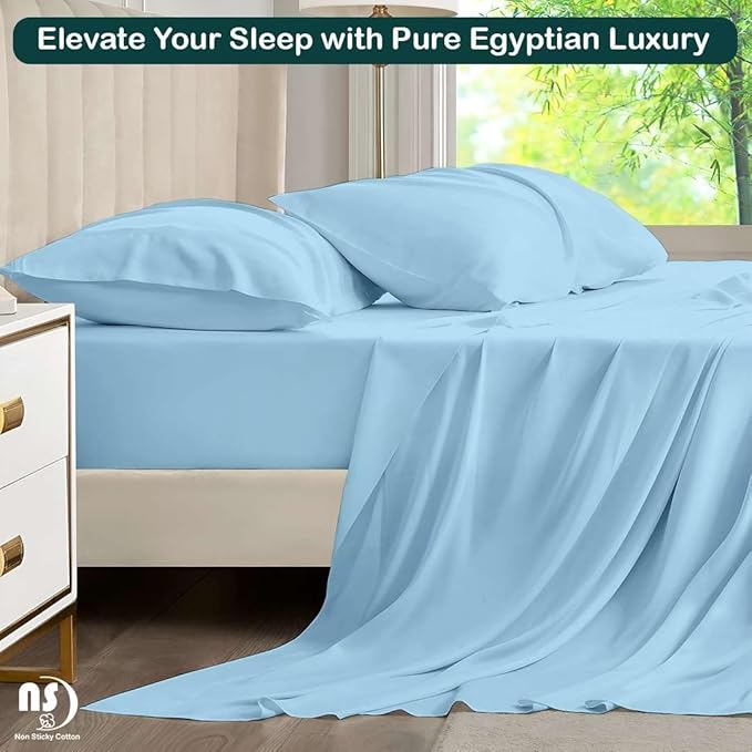 NON Sticky cotton Twin Size Sleeper Sofa Sheets, 4 Piece Egyptian Cotton Bed Sheet Set for Sofa Bed, 7" Deep Pocket for Pull Out Couch Mattress, 39" x 75", Light Blue Solid, Soft & Breathable