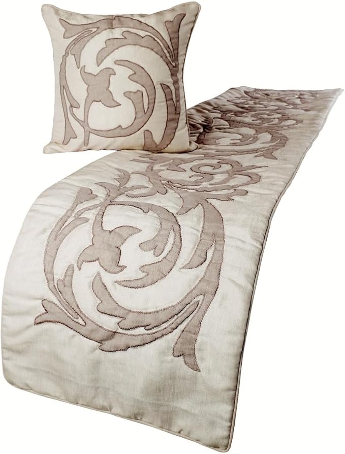 The HomeCentric Decorative Ivory & Beige Queen 74 x 18 inch Bed Runner Without Pillow Cover, Linen Lurex Applique Bed Scarf, Abstract Modern - Pretty Dainty