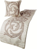 The HomeCentric Handmade Ivory & Beige King 90 x 18 inch Bed Runner with 2 Matching Pillow Cover, Linen Lurex Applique Bed Scarf, Abstract Modern - Pretty Dainty