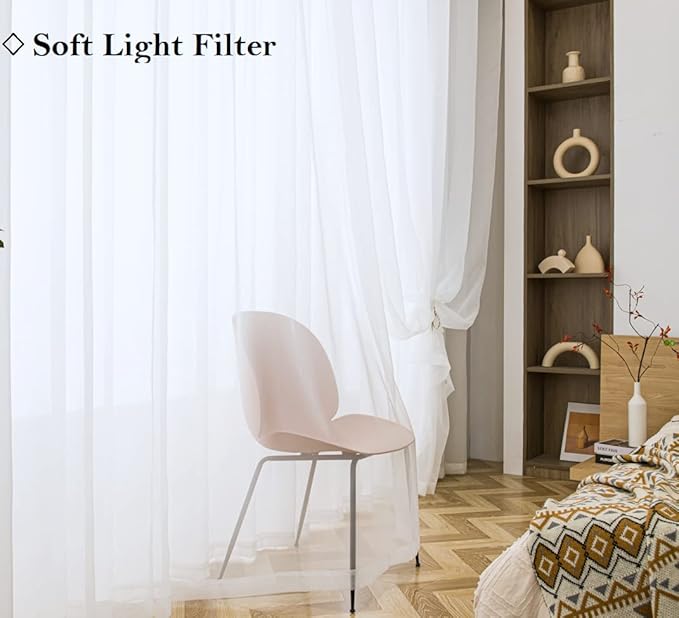 PI Sheer Window Curtains Home Decoration Solid Voile Panels with Ring Top for Bedroom 2 Panels (W52 X L90, Optical White)