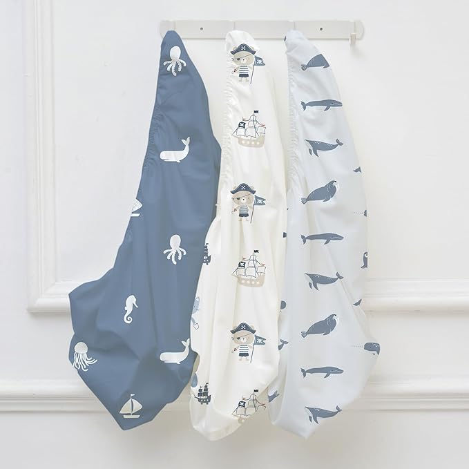 Nap Mat Sheet 47"x24", 3 Pack Blue Ocean Sailor Baby Crib Sheets Fitted Elastic Corners, Preschool Day Care Rest Mat Cover, Soft Breathable - Compatible with Regalo My Cot, Joovy Travel Cot