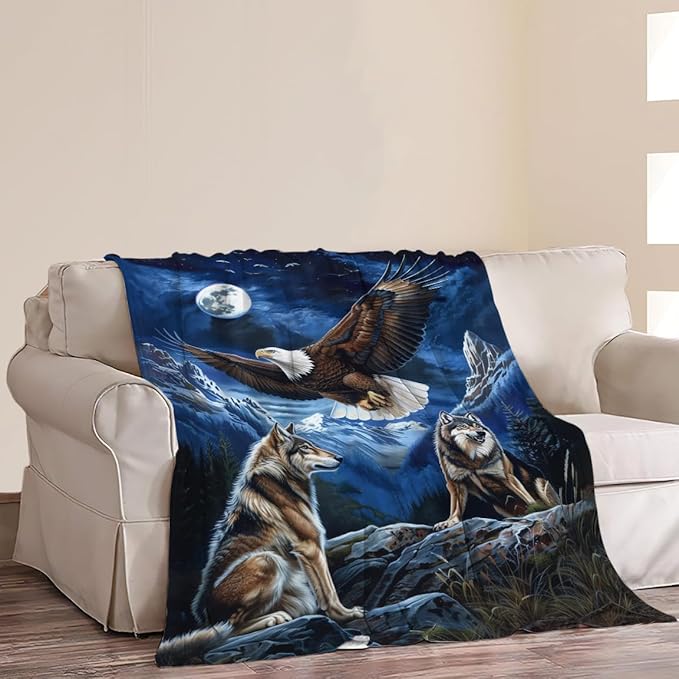 Bald Eagle Wolf Throw Blanket Wild Animal Print Blankets Gifts Couch Sofa Bed Stuff Decor Soft Cozy Lightweight Flannel Bedding for Lover 40"x50"