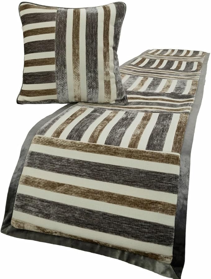 The HomeCentric King/Queen/Twin Beige & Grey Decorative Full 68"x18" Bed Runner with Pillow Cover, Patchwork Bed Scarf on Velvet Fabric - Striation