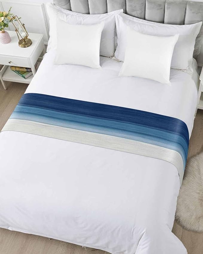 Abstract Navy Blue Ombre Stripe Art Bed Runners for Bedroom Hotel,Decorative Bedding Scarf Modern Color Line Texture Bed End Blanket Bedding Runner Scarves for Twin Size Bed,71x20in