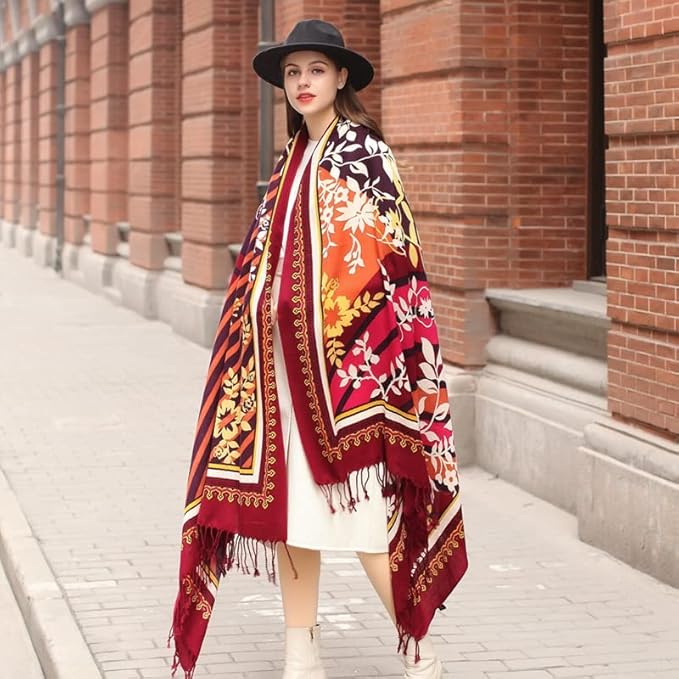 DANA XU 100% Merino Wool Pashmina Shawl for Women 96"x43", Oversized Cashmere Wrap with Tassels, Floral Travel Blanket Cape