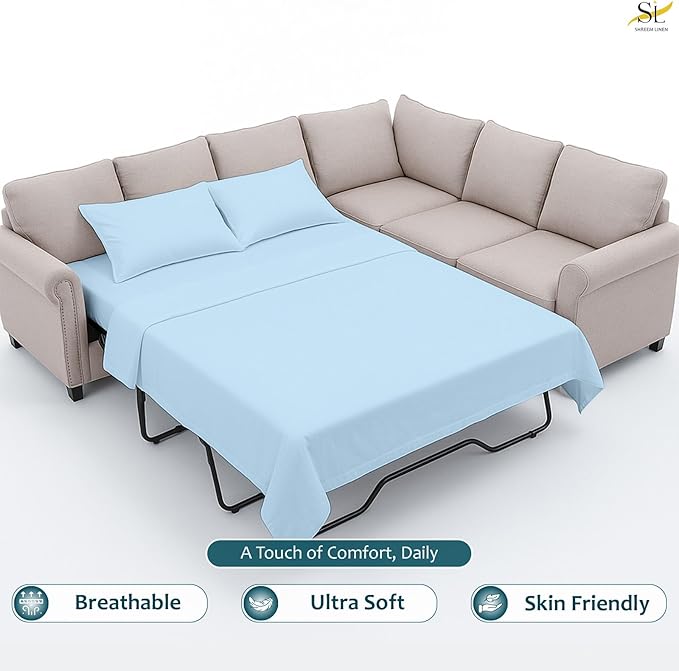 Luxury Queen Sleeper Sofa Bed Sheet Set,100% Egyptian Cotton, 338 Thread Count, Queen Size (60 x74 +6 Inch Deep Pocket) Soft and Light Weight 4pcs Sofa Set (Light Blue Solid)