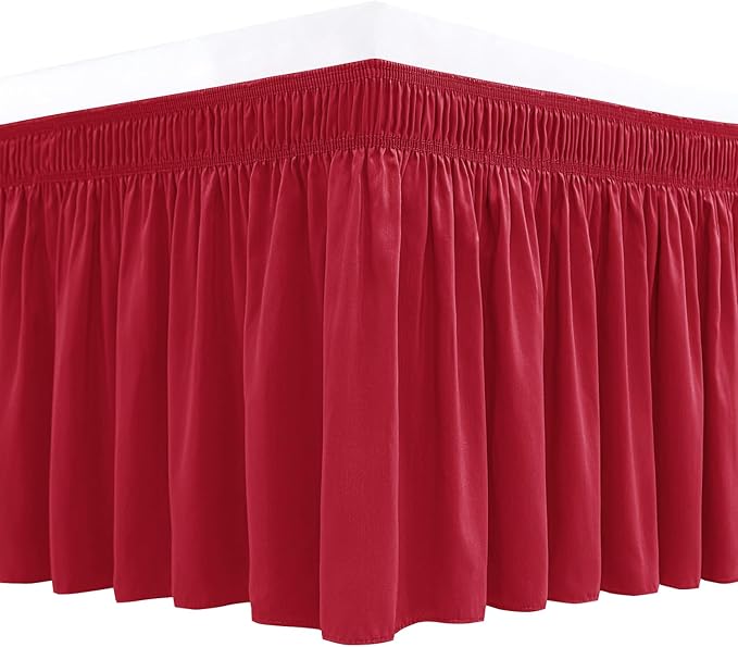 Biscaynebay Wrap Around Bed Skirts for Full & Full XL Beds 15" Drop, Red Adjustable Elastic Dust Ruffles Easy Fit Wrinkle & Fade Resistant Silky Luxurious Fabric Machine Washable