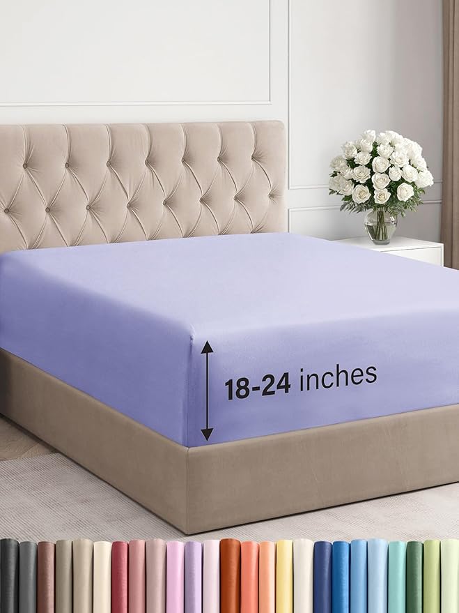 Extra Deep Queen Fitted Sheet - Hotel Luxury Single Fitted Sheet Only - Easily Fits 18 inch to 24 inch Mattress - Ultra Soft, Wrinkle & Fade Free w/Extra Deep Pockets - Breathable & Comfy - Lavender