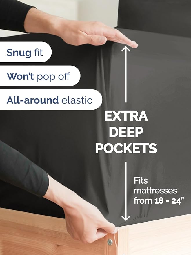 Extra Deep Pocket King Sheets - 4 Piece Breathable & Cooling Bed Sheets - Hotel Luxury Bed Sheet Set - Soft, Wrinkle Free & Comfy - Easily Fits Extra Deep Mattresses - Deep Pocket Charcoal Sheets Set