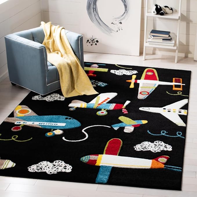 SAFAVIEH Carousel Kids Collection Area Rug - 6'7" x 9', Black & Ivory, Non-Shedding & Easy Care, Ideal for High Traffic Areas for Boys & Girls in Playroom, Nursery, Bedroom (CRK167Z)