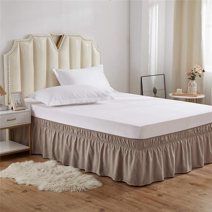 MEILA Wrap Around Bed Skirt Three Fabric Sides Elastic Dust Ruffled 16 Inch Tailored Drop,Easy to Install Fade Resistant-Taupe, Queen/King