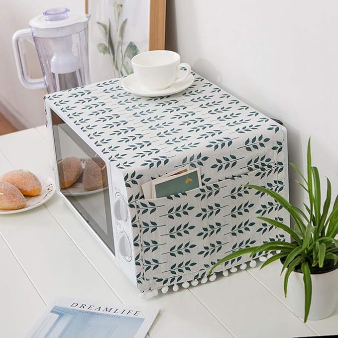 AKOAK 1 Pack 30cm x 90cm/11.81" x 35.43" Household Kitchen Microwave Dust Cover Cotton Linen Oven Cover with Storage Bag Home Decoration Accessories (Green Plants)