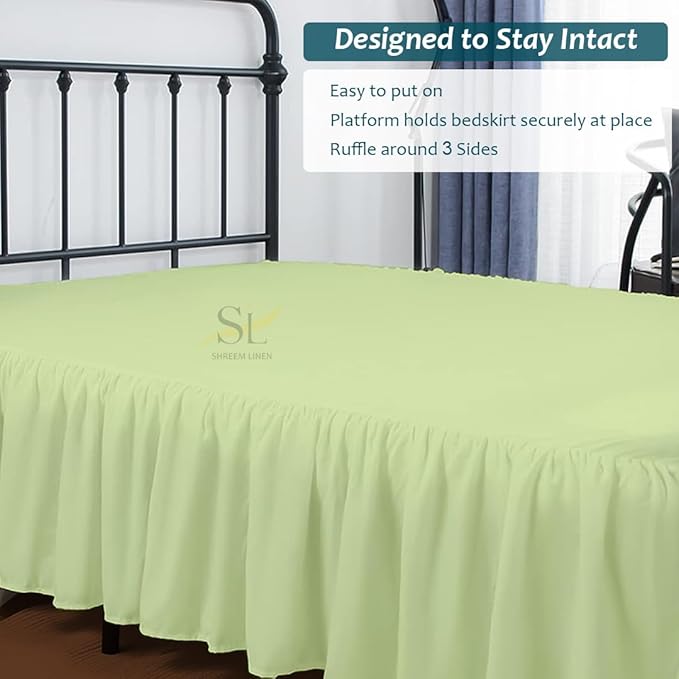 Shreem Linen Ruffled Bed Skirt with Split Corners, Gathered Style, 100% Microfiber, 30-Inch Drop, Dust Ruffle Bedskirt with Platform, Full-XL, Sage