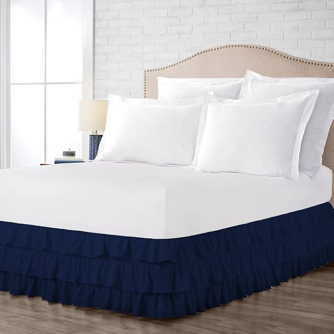 Multi-Ruffle Bed Skirt, Soft Multi Elastic Dust Ruffles with Wrap Around Bed Skirt Easy Fit with 18 Inch Drop 100% Cotton 800 Thread Count (Twin, Navy Blue)
