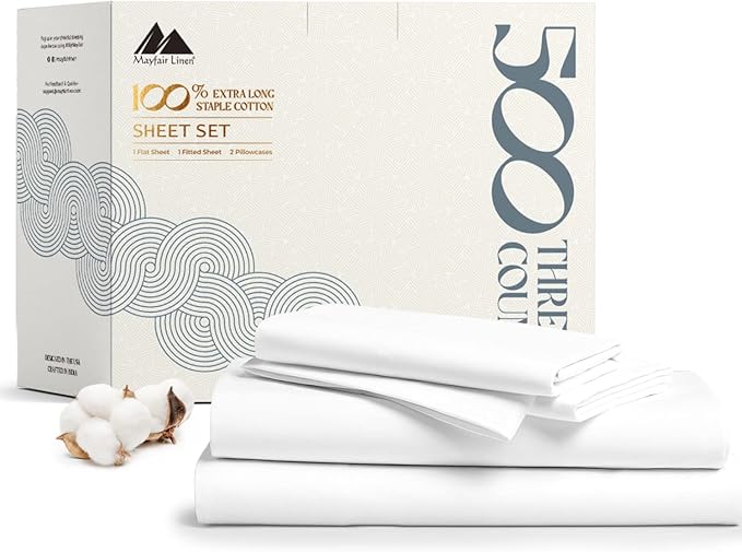 Mayfair Linen 100% Cotton Sheets Full Size Bed Set - 500 Thread Count Sheets Full Size 4 PC Set (White), Soft, Cooling, Hotel-Quality 16" Deep Pocket Cotton Bedsheet for Hot Sleepers