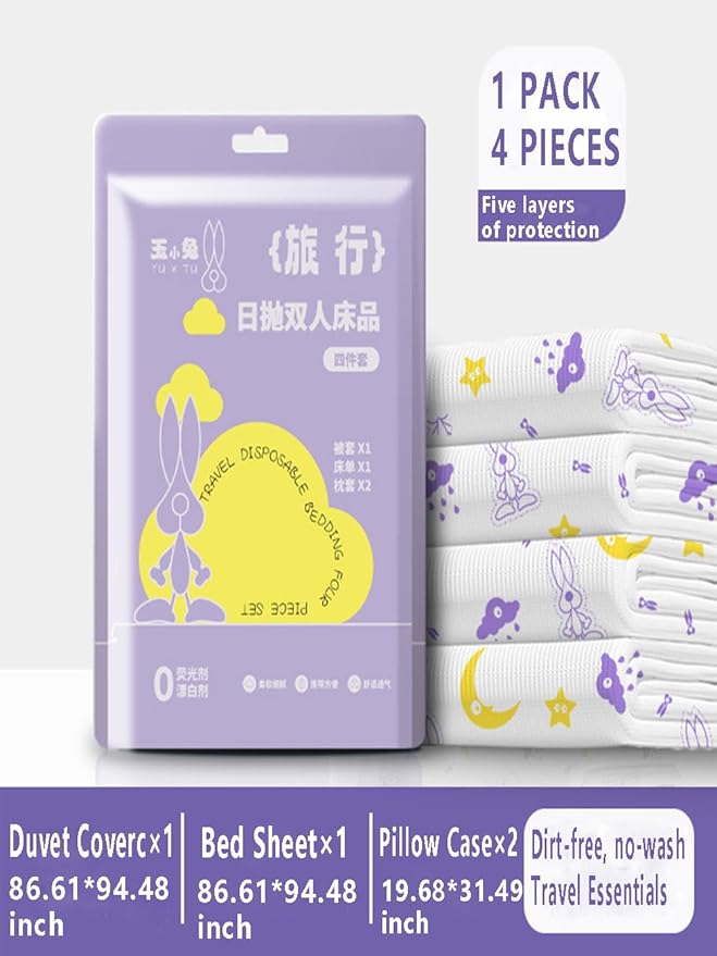 Disposable Travel Set (Duvet Cover, Bed Sheet, Pillow Case), Disposable Bed Sheets - Clean, Safe and Healthy for Your Hotel, Hospital and Business Travel Full (Purple Flower Color 4 pic)