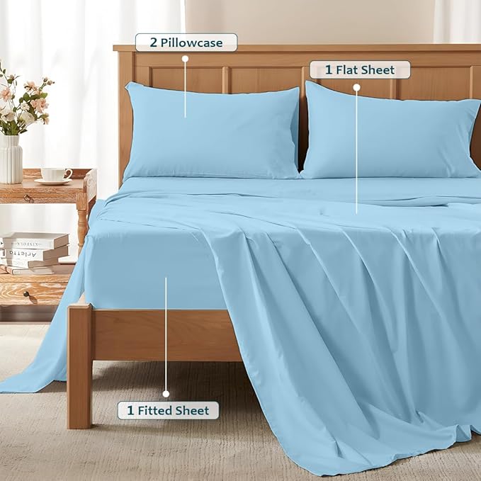 Twin Sheets Set - Luxury 338 Thread Count 100% Egyptian Cotton Sateen, Twin Sheet Set with All Around Elastic for a, Hotel Quality Bedding (Light Blue Solid)