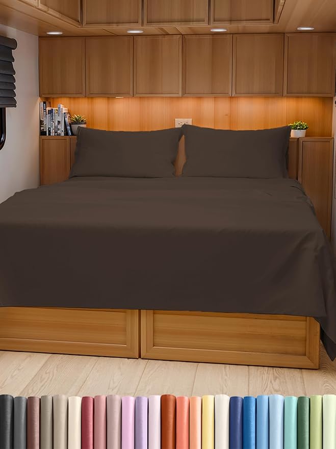 RV Short Queen Sheet Set 60 X 75 - 4 Piece RV Short Queen Bed Sheets - Soft, Breathable and Cooling - Designed for Bunks, Trailers & Campers - Fits 8” to 12" Mattress - Hotel Luxury Bedding - Brown