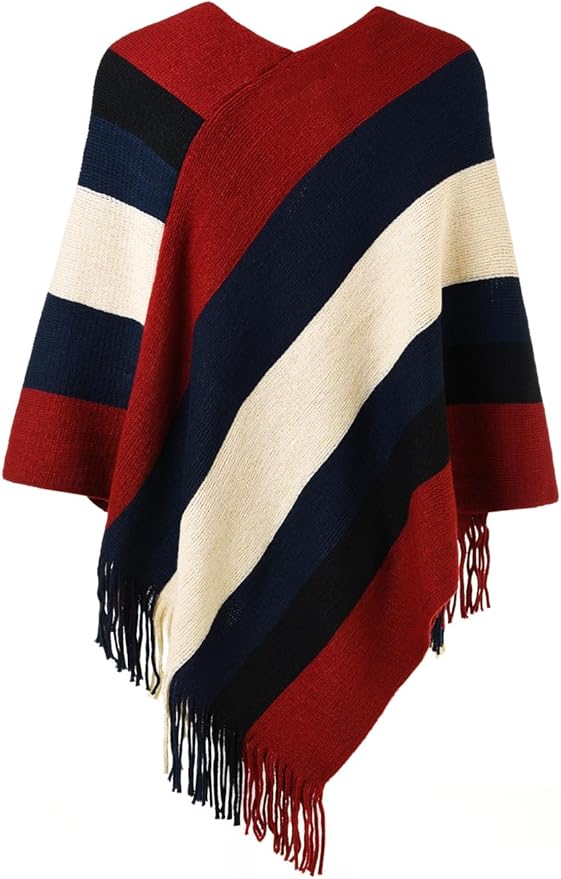 Ferand Women's Striped Poncho Sweater Cozy Knit Fringe Shawl Wraps for Fall Winter