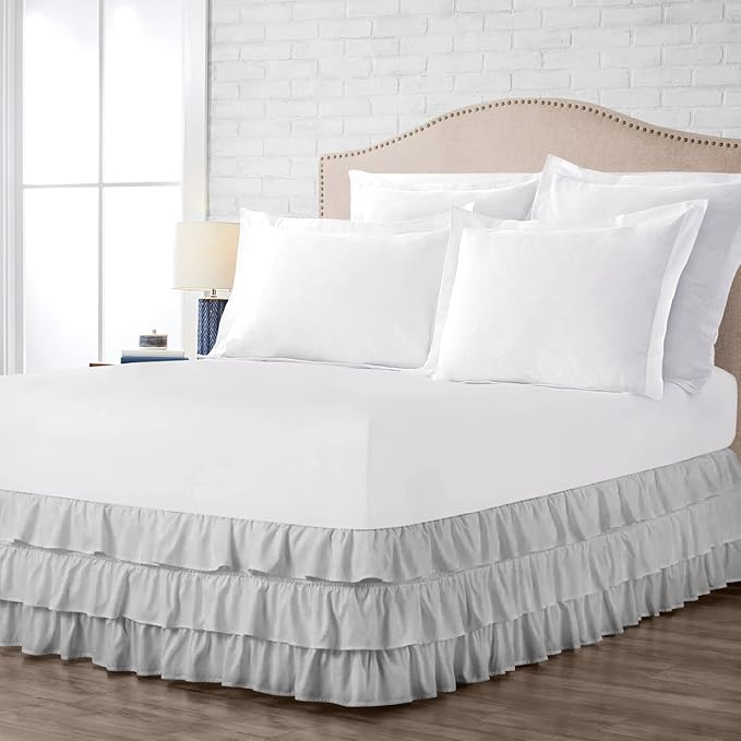 Multi-Ruffle Bed Skirt, Soft Multi Elastic Dust Ruffles with Wrap Around Bed Skirt Easy Fit with 18 Inch Drop 100% Cotton 800 Thread Count (Twin XL, Light Grey)