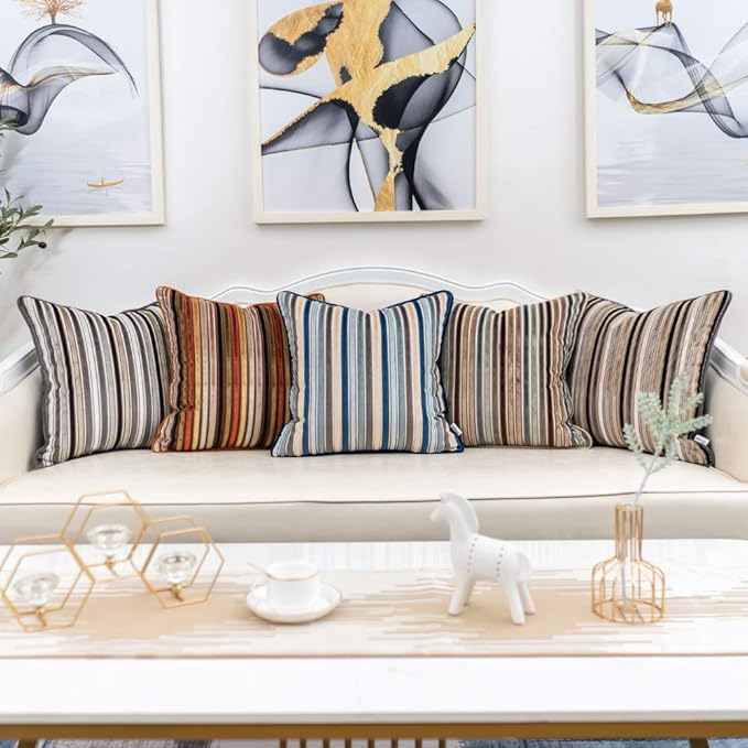 Yangest Grey Striped Throw Pillow Cover Multicolor Velvet Cushion Cover Modern Bohemian Pillowcase for Sofa Couch Bedroom Living Room Home Christmas Decoration,16x16 Inch