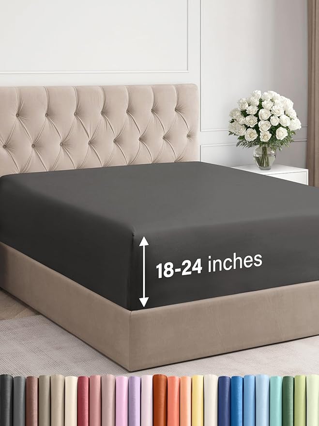 Extra Deep Queen Fitted Sheet - Hotel Luxury Single Fitted Sheet Only - Easily Fits 18 inch to 24 inch Mattress - Ultra Soft, Wrinkle & Fade Free w/Extra Deep Pockets - Breathable & Comfy - Charcoal