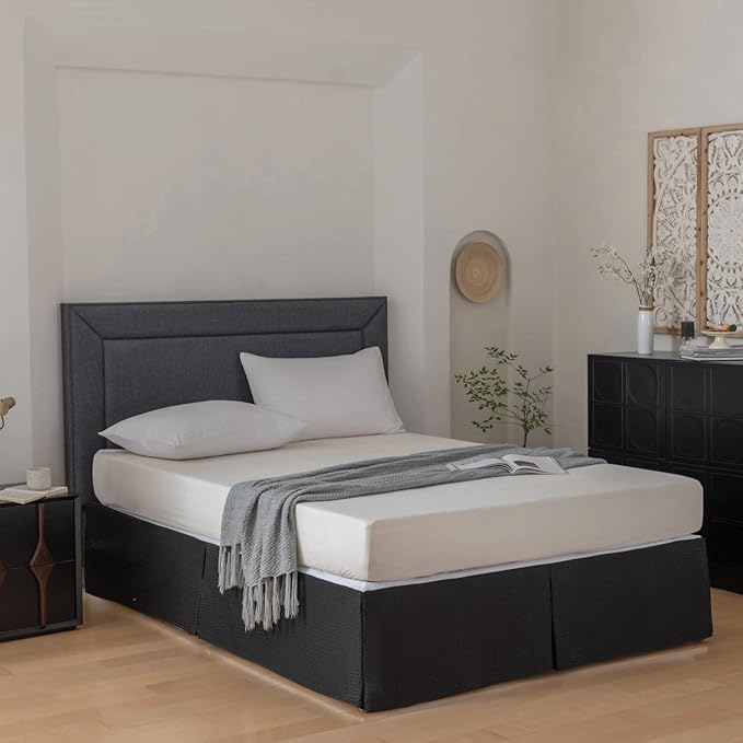 Queen Bed Skirt, Wrap Around Bed Skirt with Pleated Corner, 18 Inch Drop Pleated Waffle Weave Bedskirts, Anti-Slip, Microfiber, Black, 18'' Queen