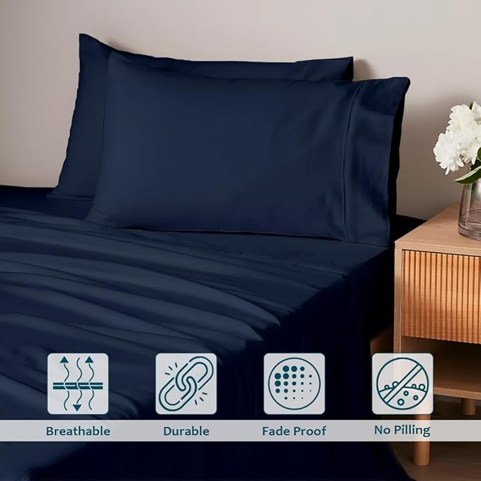 Twin Sheets Set - Luxury 338 Thread Count 100% Egyptian Cotton Sateen, Twin Sheet Set with All Around Elastic for a, Hotel Quality Bedding (Navy Blue Solid)