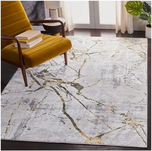 SAFAVIEH Amelia Collection Area Rug - 12' Square, Grey & Gold, Modern Abstract Design, Non-Shedding & Easy Care, Ideal for High Traffic Areas in Living Room, Bedroom (ALA293G)