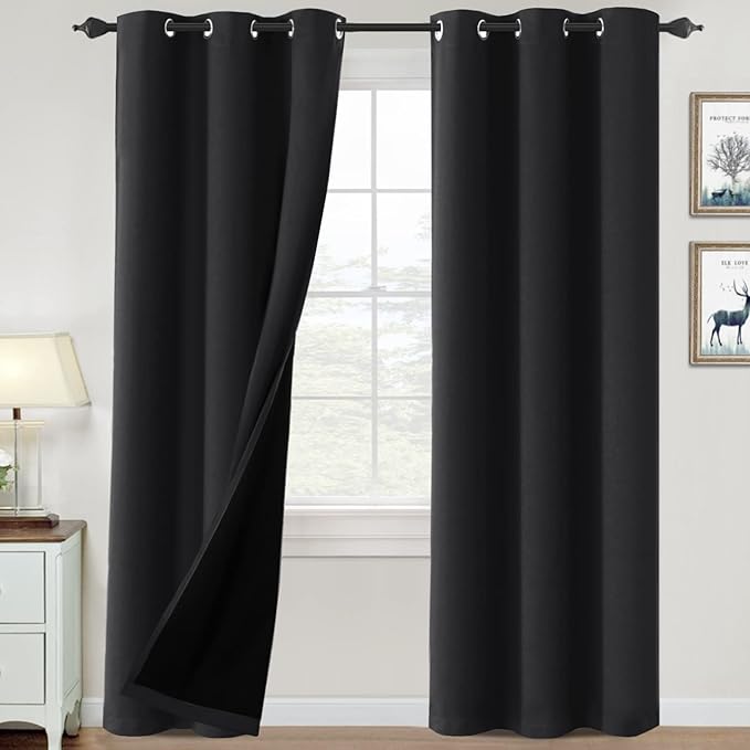 H.VERSAILTEX 100% Blackout Curtains for Bedroom Thermal Insulated Blackout Curtains 84 inch Length Heat and Full Light Blocking Window Drapes for Living Room with Black Liner 2 Panels Set, Jet Black
